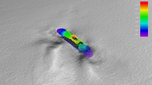 A map showing a colourful shipwreck on the seafloor shown in grey.