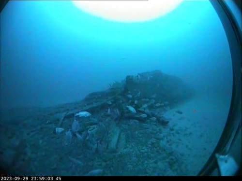An underwater image of a shipwreck from an underwater camera.