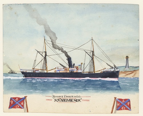 A painting of a steamship.