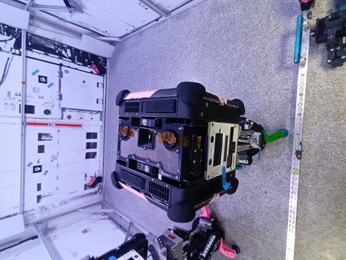 The multi-resolution scanning payload, attached to an Astrobee robot, at a NASA Ames test facility for final integration testing.