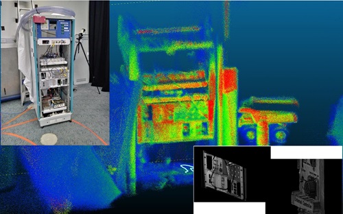 A test scene at CSIRO showing the different resolutions (“multi-resolution”) 3D data generated by the MRS payload. From top left to bottom right: An image of the scene, a low resolution point cloud, and high-resolution 3D image. 