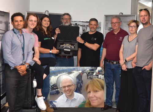 The multi-resolution scanning team prepares to send off the multi-resolution scanning payload for launch in the United States. Left –to right: Marc Elmouttie (CSIRO Project Lead), Tea Molnar, Lauren Hanson, Matt van de Werken, David Haddon, Ross Dungavell, Anna Campbell, Paul Flick   Inset: Connie Miller (Boeing Space & Launch Principal Investigator) & Leighton Carr (Boeing Australia Principal Investigator) 