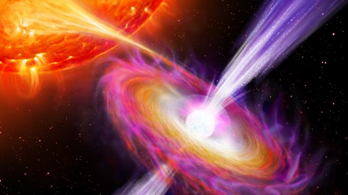 This artist’s impression depicts how nuclear explosions on a neutron star feed the jets blasting off from its magnetic polar regions. 