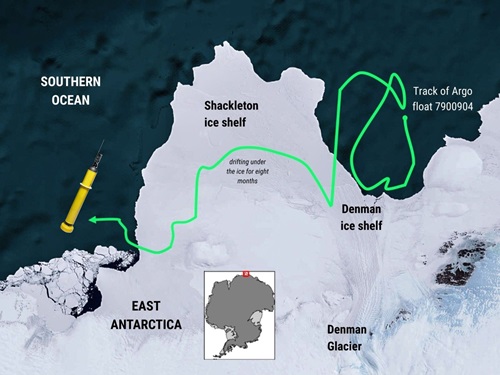 Map of East Antarctica marking the Denman Glacier, the Denman ice shelf, the Shackleton ice shelf and a green line showing the route of the Argo float underneath and an icon of an Argo float.