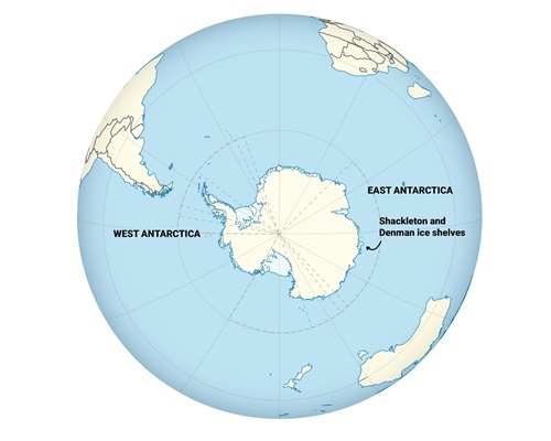 Image of the globe showing the Antarctic and marking West Antarctica, East Antarctica and the Shackleton and Denman ice shelves.