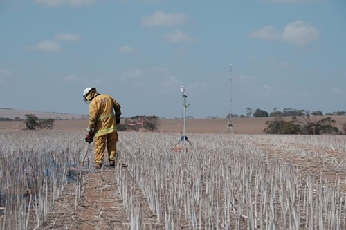Person in protective gear lighting stubble in an experimental burn with a equipment on a stand in the middle distance