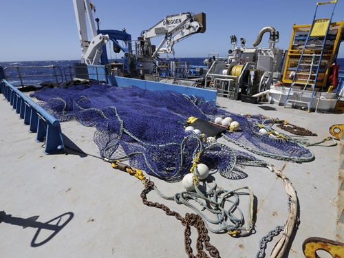 A scampi net on back deck of the vessel.