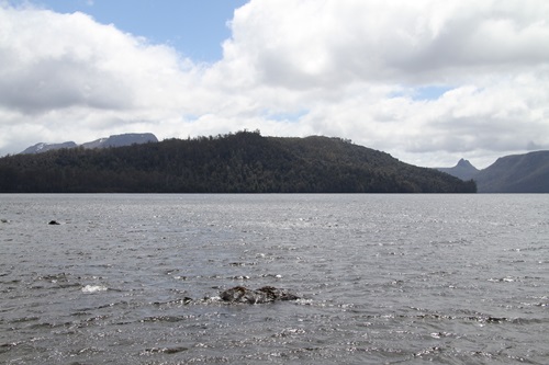 A wide view of Lake St Clair, Australia’s deepest lake, with rippling water in the foreground and forested hills rising in the background under a partly cloudy sky. Mountain peaks are visible in the distance.