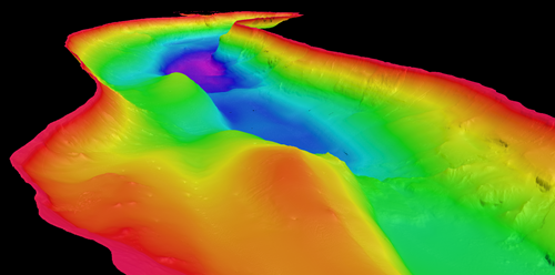 An image of a lake shown in bright colours that represent different water depths.