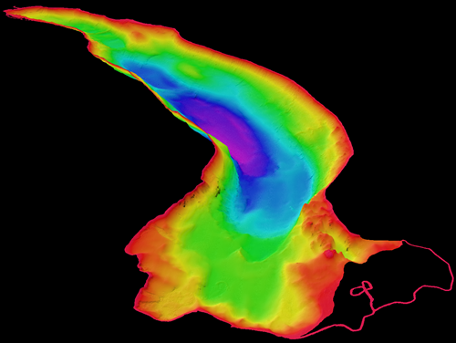 An image of a lake shown in bright colours that represent different water depths.