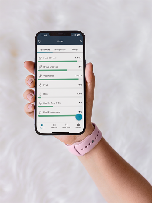 Hand with open Total Wellbeing Diet app open, looking at the food units tracker