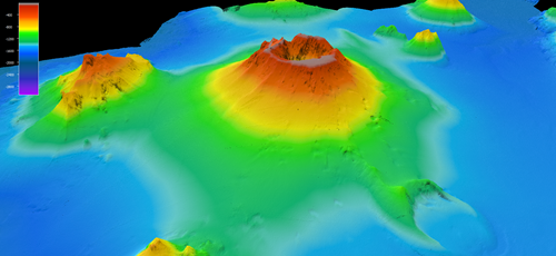 An image of mountains on the seafloor with depth shown by different colours.