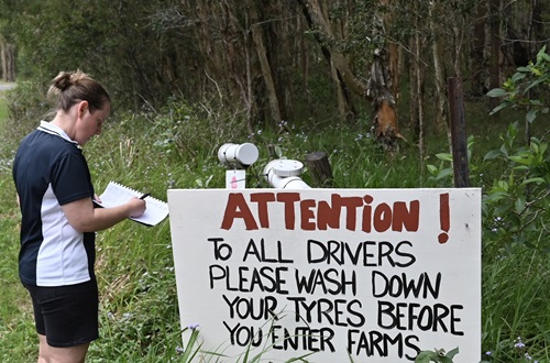 Person wearing a t-shirt and shorts next to a sign cautioning drivers that enter farms. 