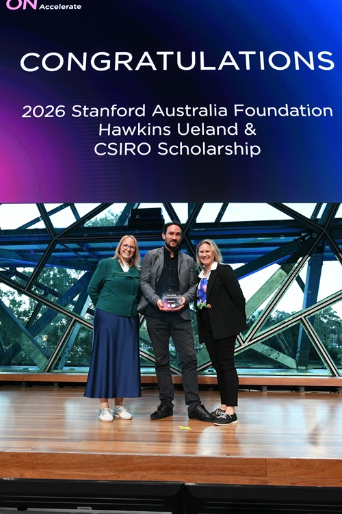 Benjamin Tonnot, Founder of Energy Diversions, named the ON Accelerate 10 recipient of the 2026 Stanford Australia Foundation Hawkins Ueland CSIRO ON Scholarship. Pictured with Tennille Eyre and Penny Harth from the ON Innovation Program.  