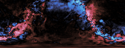 A vivid galaxy of bright pink and blue cloud-like formations on a dark backdrop reminiscent of a cosmic or nebula scene.