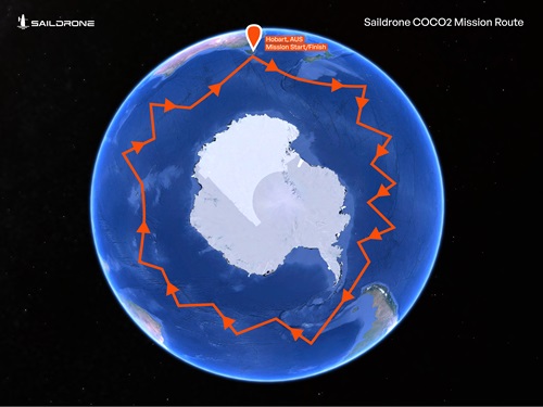 A graphic showing the globe taken from the south pole showing the Antarctic, surrounded by a red track which indicates the journey the USV will take, departing from Hobart