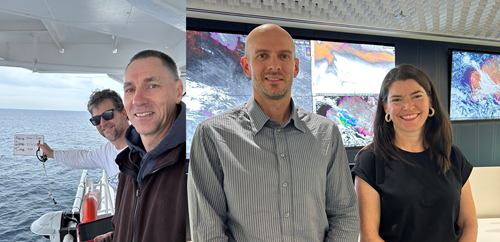 (L - R) Jason Hartog and Alistair Hobday (CSIRO) on a small boat at sea, Grant Smith and Claire Spillman (BOM) in the bureau with screens behind.