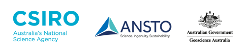 Inline row of three logos. The first is in words, CSIRO, Australia's national science agency. The second is a triangle made up of 3 shapes in shades of blue and the letters ANSO, Science. Ingenuity, Sustainability. The 3rd is the Australian Government crest with the words, Australian Government and Geoscience Australia.