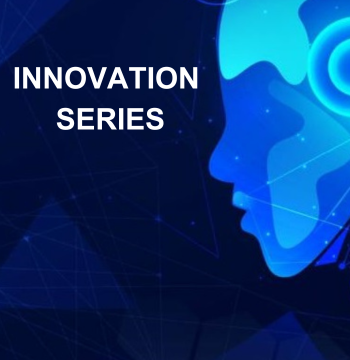 Dark blue background with a digitised profile of a head in lighter blue on the right and words on the dark background in white on the left saying 'Innovation Series'.