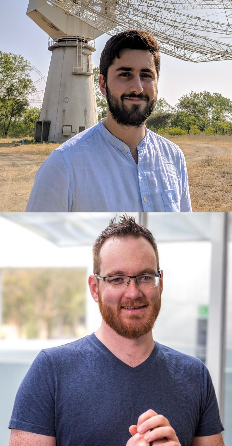 Two separate photos of smiling men. 