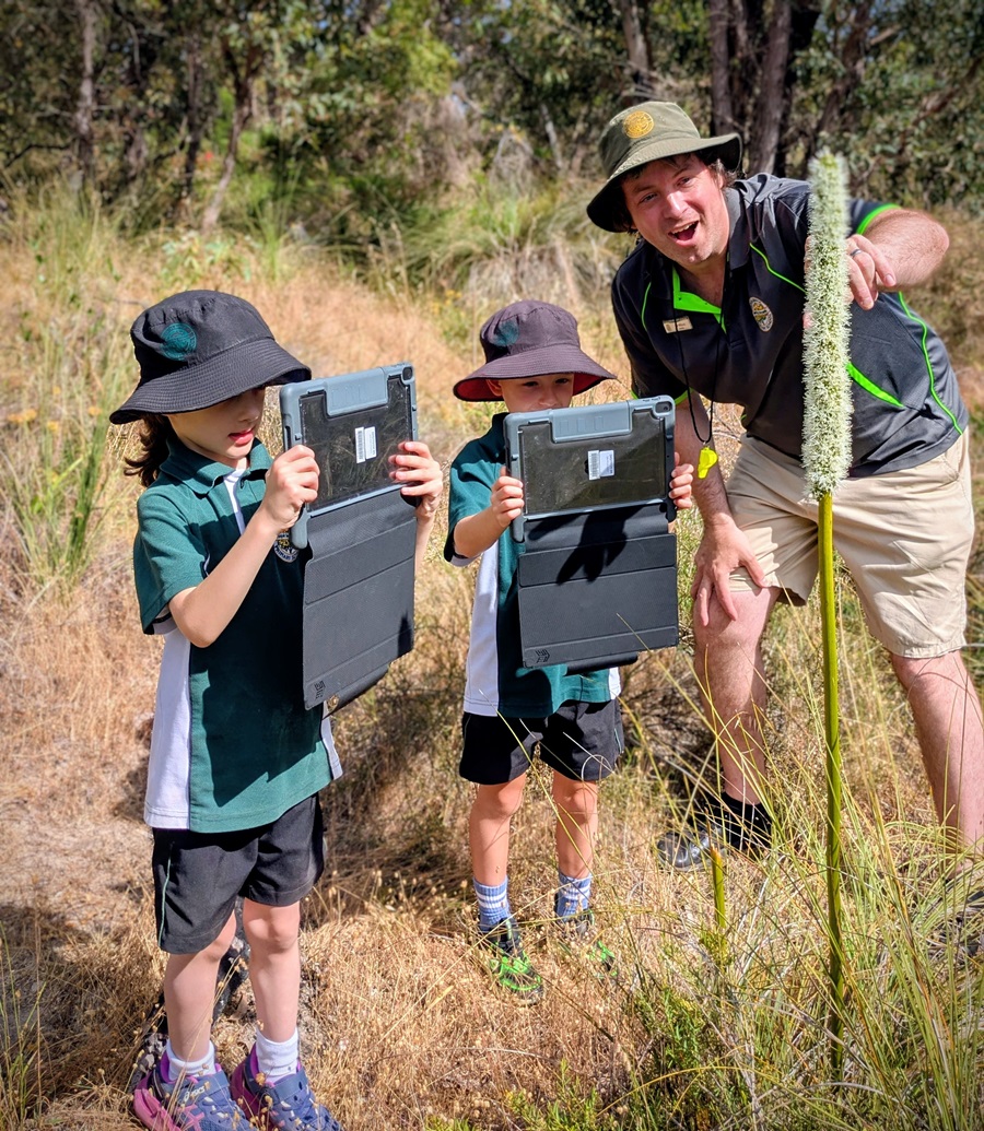 Two students using tablet devices outdoors while observing native vegetation. An adult stands beside them, pointing to a tall grass tree in a bushland setting.