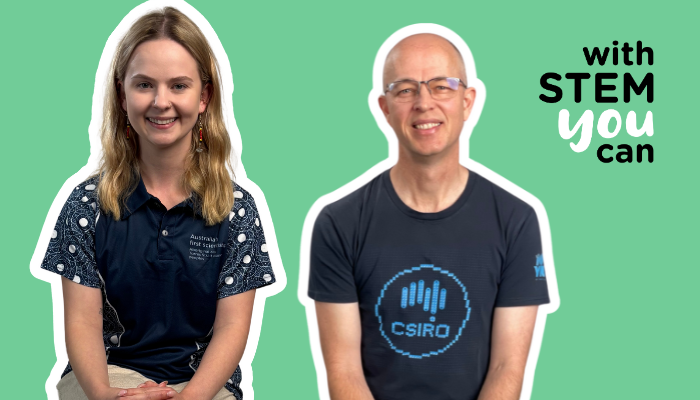 Two people seated side-by-side on a green background. One person wears a patterned navy polo shirt and the other a navy CSIRO T-shirt. The "with STEM you can" logo appears in the top-right corner.