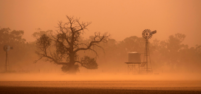 A dust storm going through a farm in drought Australia