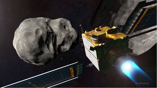 An illustration of the NASA Double Asteroid Redirection Test (DART) spacecraft colliding prior to impact at the Didymos binary asteroid system.