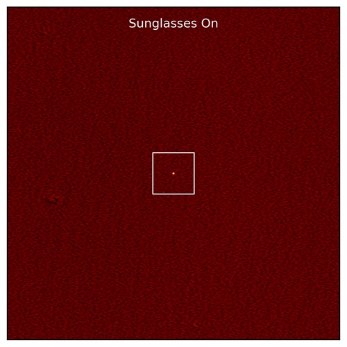 A wall of fuzzy red shows a bright spot in the centre, highlighted by a square. Text reads "Sunglasses On"