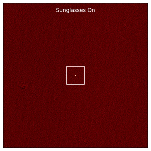 A wall of fuzzy red shows a bright spot in the centre, highlighted by a square. Text reads "Sunglasses On"