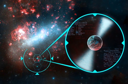 A cloud of red and blue gas is zoomed into to reveal a spherical object shining two beams of light.