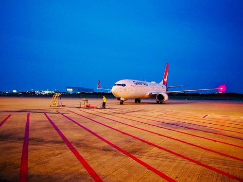 The study of wastewater samples from international flights was conducted in Darwin in January 2021. Plane pictured on tarmac before testing took place. Image courtesy of Qantas