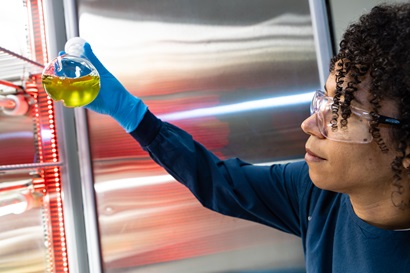 Scientist looks at yellow liquid in flask