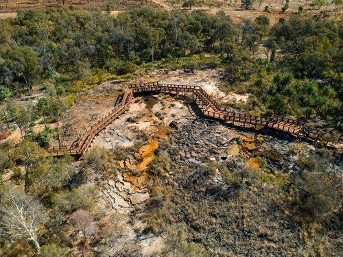 This aerial photo shows the completed boardwalk across Talaroo Hot Springs