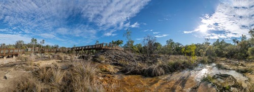Aerial photo of the completed boardwalk across Talaroo Hot Springs