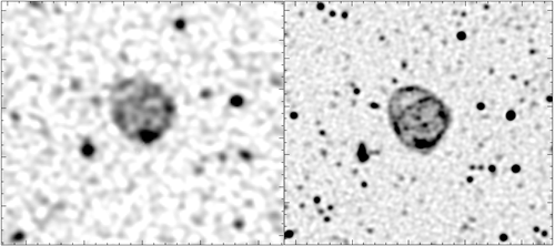 Two squares next to each other show the same image, however the image on the left is more blurry than the one on the right. The images show a large circle in the centre, surrounded by smaller dots.