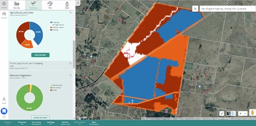 Screenshot form the Digital Agriculture Services (DAS) system showing aerial view of paddocks and a guide indicating landuse type and remnant vegetation by colour overlay. 