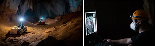 Two robots wheeling through a cave with a composite image of a scientist in the cave wearing a mask and hard hat looking at a screen.