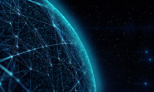 Graphic of the side of the earth from space with network lines across glob and stars in the background. 