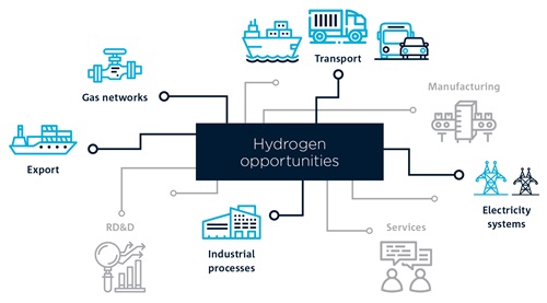 Infographic showing a variety of areas where hydrogen technology could be utilised. 