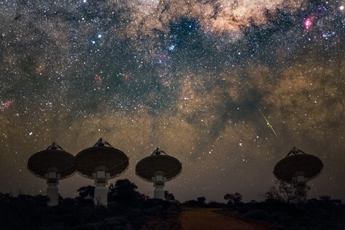 Night view of the ASKAP radio telescopes in Western Australia pointing at the Milky Way. 