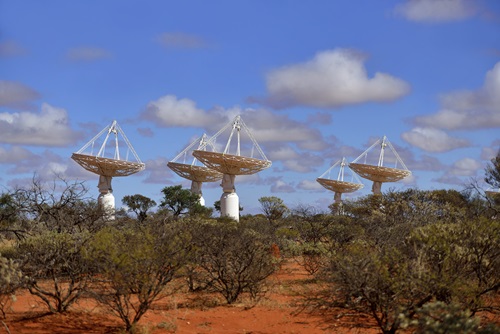 Six of the ASKAP telescopes shown during the day surrounded by bushland. 