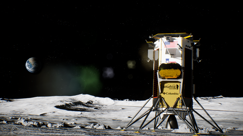 an artist's impression of a rectangular lunar lander sits in the right-hand foreground, on the Moon's surface with Earth visible in the eft-hand background.