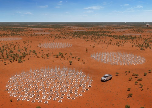 An artist's impression of the future Square Kilometre Array (SKA) in Australia, showing 132,000 low frequency antennas (resembling metal Christmas trees) in groupings across the outback in Western Australia. 