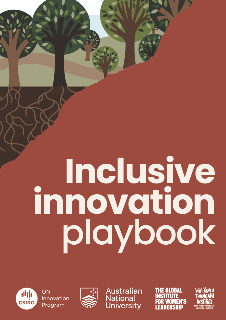 Cover of “Inclusive Innovation Playbook” with illustrated trees and roots at the top and logos of CSIRO, Australian National University, and partner institutes at the bottom.
