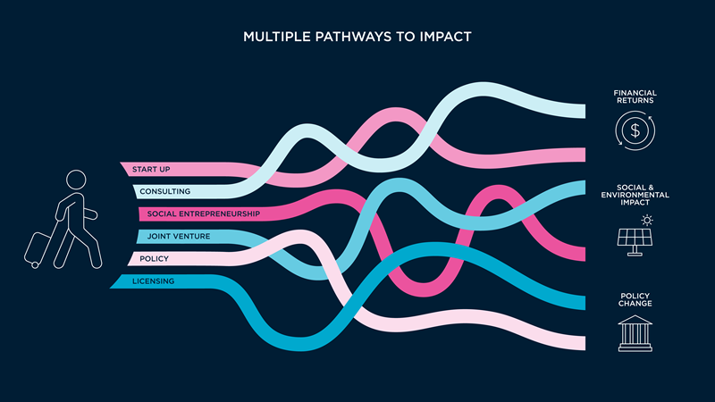 Flowchart titled "Multiple pathways to impact" with various coloured paths showing links between startup, consulting, social entrepreneurship, joint venture, policy, and licensing to different impacts.