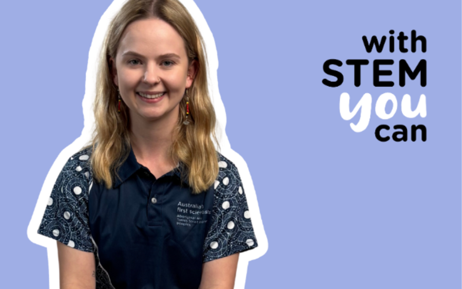 With STEM You Can. A young girl smiling on a purple background.
