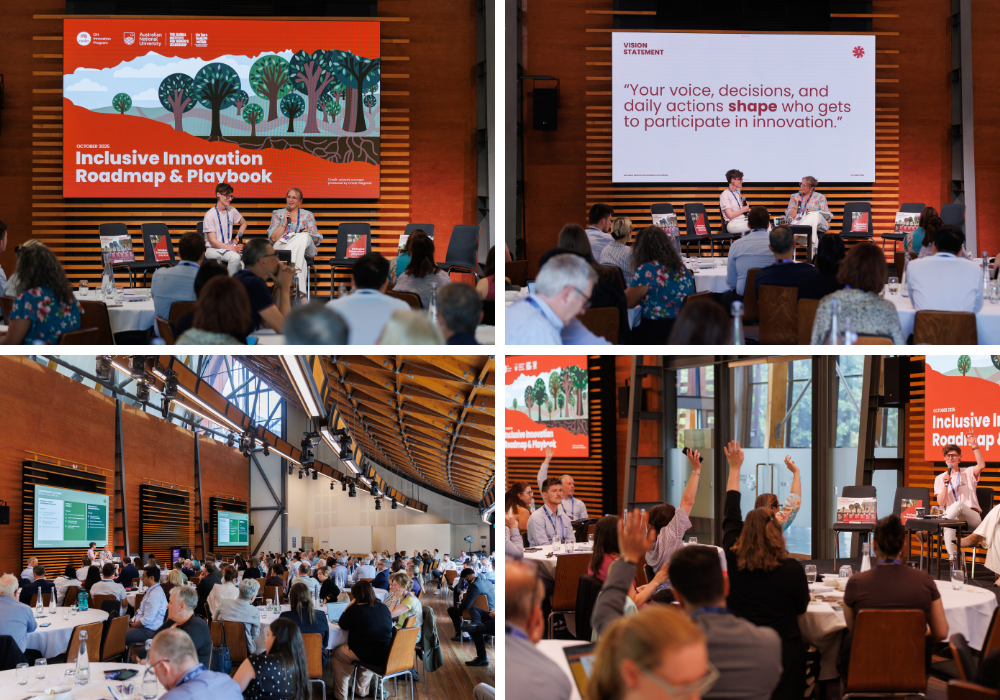 Collage of a conference with speakers on stage, presentation screens, and attendees in discussion.