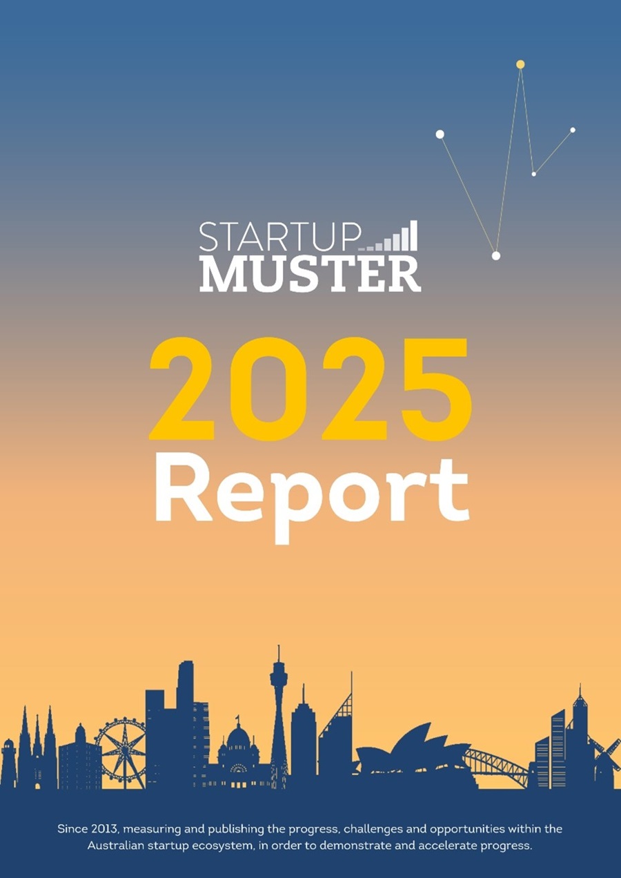 Cover image for Startup Muster 2025 Report, featuring a sunrise‑style gradient background with the title text “Startup Muster 2025 Report” and a stylised Australian city skyline silhouette, including recognisable landmarks, along the bottom.