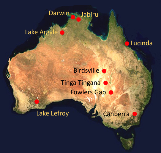 Map of Australia with locations of aerospan stations marked by red points